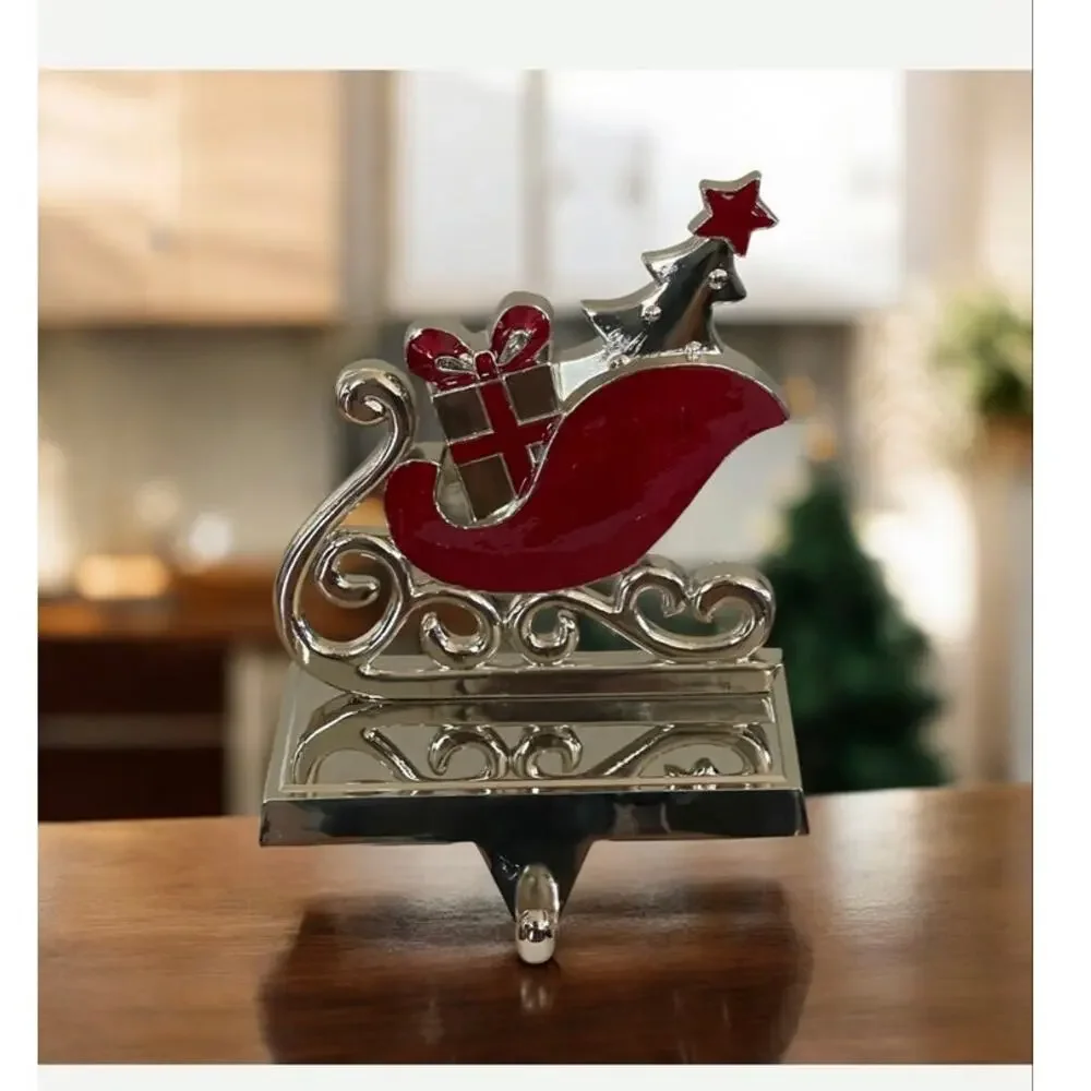 Silver Tone Chrome Stocking Hanger Holder Enamel Accent Christmas